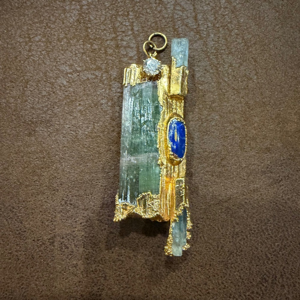 Vintage Brutalist Raw Tourmaline Lapis Lazuli Gold Tone Statement Pendant